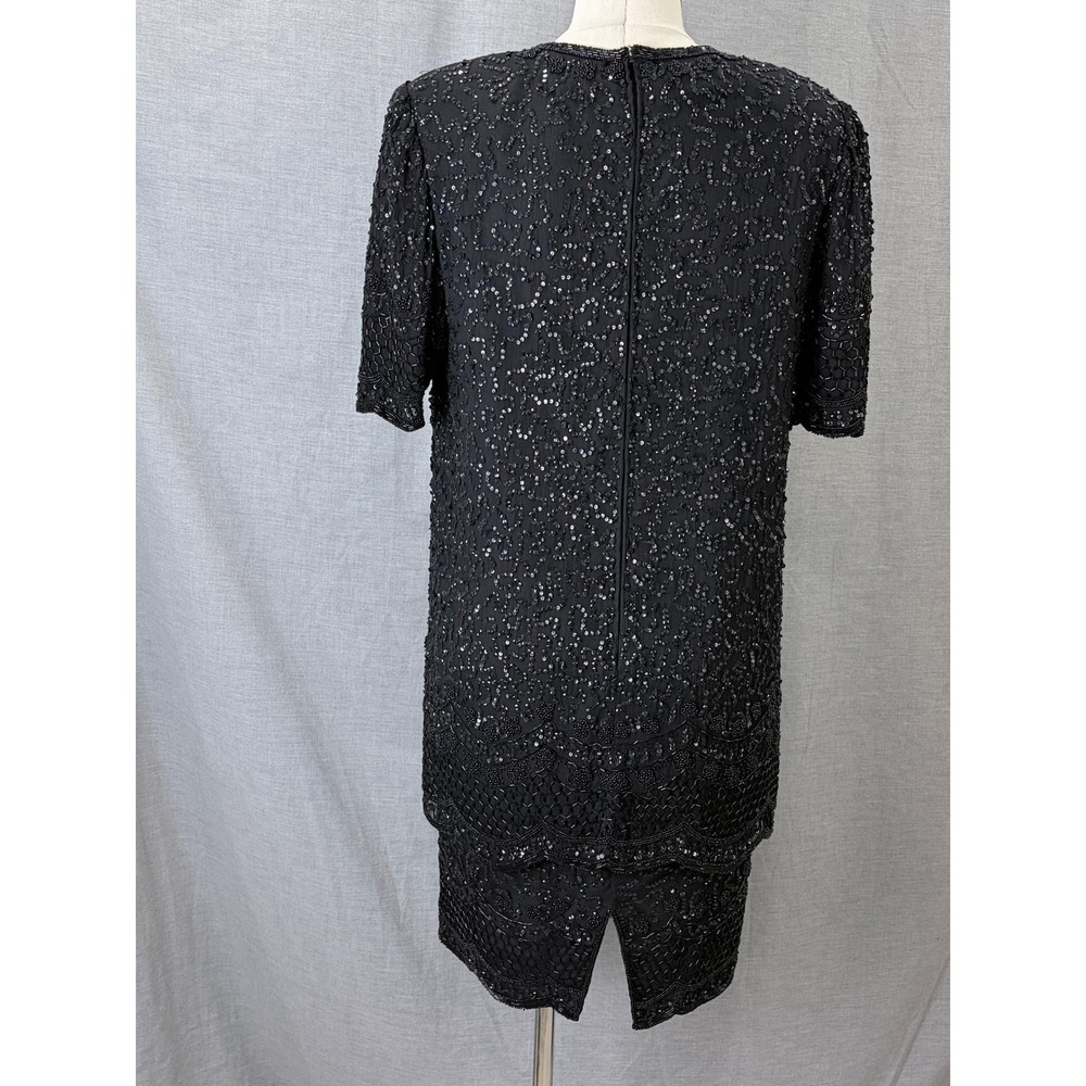 Brilliante by JA Vintage 80s Black Silk Beaded Sequin Cocktail Dress L - Picture 6 of 13